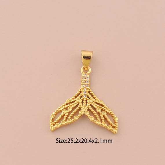 18K Gold Fishtail Charms,CZ Pave Fishtail Charms Pendants,Fishtail Charm for DIY Jewelry Making Supply