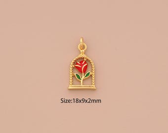 Dijes de rosa roja de oro de 18 quilates, colgantes de flores esmaltadas, dije de rosa para hacer joyas DIY.