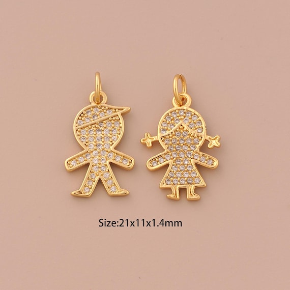 18K Gold Character Charms,CZ Pave Girl Charms Pendants,Boy Charm for DIY Jewelry Making Supply