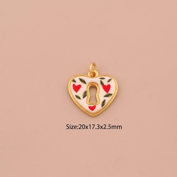 18K Gold Heart Charms,Enamel Lock Charms Pendants,Love Charm for DIY Jewelry Making Supply