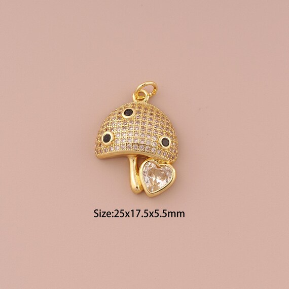 18K Gold Mushroom Charms,CZ Pave Minimalist Charms Pendants,Heart Charm for DIY Jewelry Making Supply