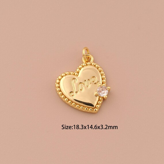 18K Gold Heart Charms,CZ Pave Minimalist Charms Pendants,LOVE Charm for DIY Jewelry Making Supply
