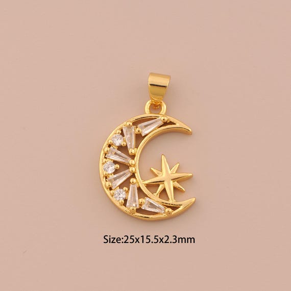 18K Gold Moon Charms,CZ Pave Star Charms Pendants,Celestial Charm for DIY Jewelry Making Supply