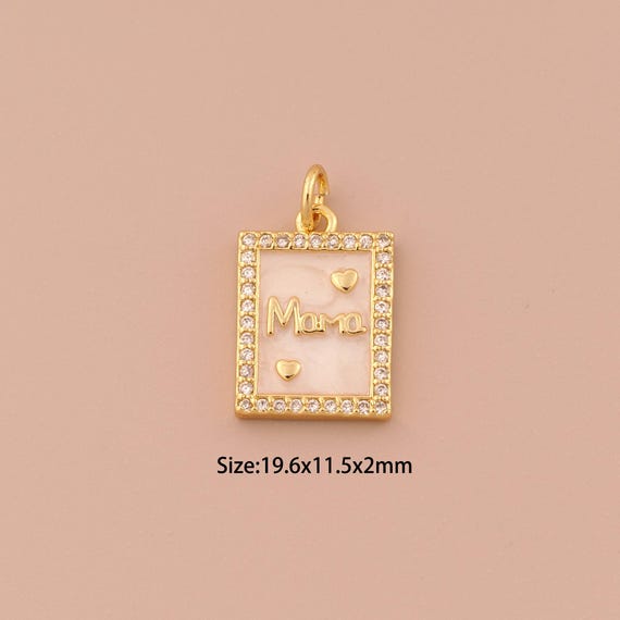 18K Gold MAMA Charms,CZ Pave Minimalist Charms Pendants,Enamel Heart Charm for DIY Jewelry Making Supply