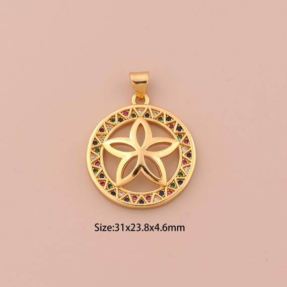 18K Gold Flower Charms,CZ Pave Plant Charms Pendants,Round Charm for DIY Jewelry Making Supply