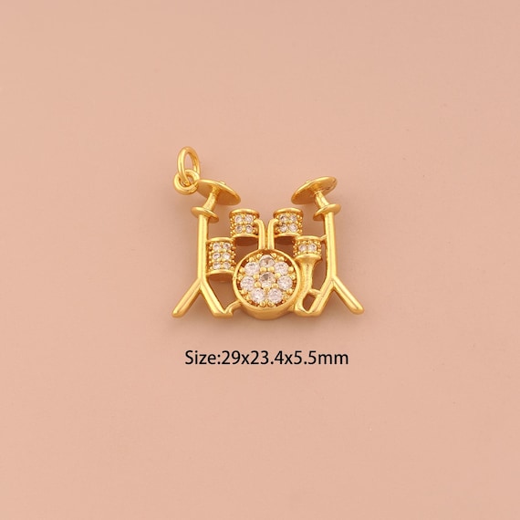 18K Gold Drum Set Charms,CZ Pave Drum Set Charms Pendants,Drum Set Charm for DIY Jewelry Making Supply