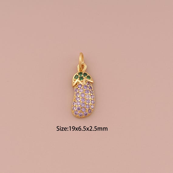18K Gold Eggplant Charms,CZ Pave Minimalist Charms Pendants,Eggplant Charm for DIY Jewelry Making Supply