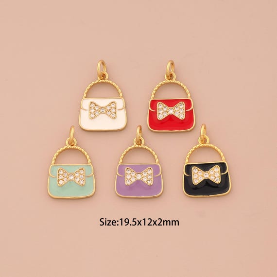 18K Gold Handbag Charms,CZ Pave Bow Charms Pendants,Enamel Handbag Charm for DIY Jewelry Making Supply
