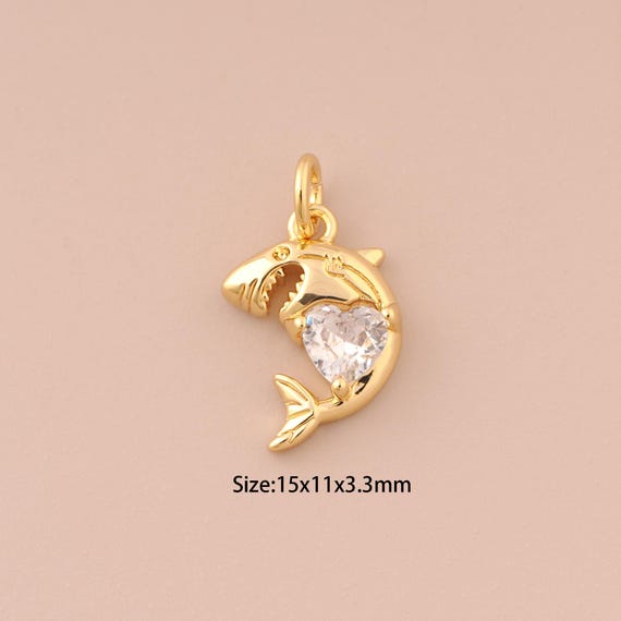 18K Gold Shark Charms,CZ Pave Minimalist Charms Pendants,Shark Charm for DIY Jewelry Making Supply