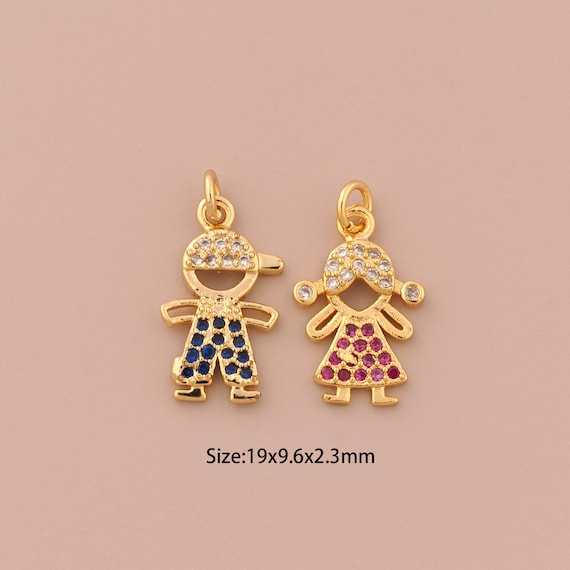 18K Gold Character Charms,CZ Pave Girl Charms Pendants,Boy Charm for DIY Jewelry Making Supply