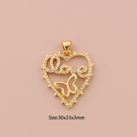 18K Gold Love Charms,CZ Pave Heart Charms Pendants,Butterfly Charm for DIY Jewelry Making Supply