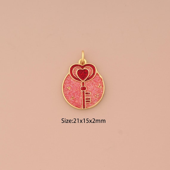 18K Gold Heart Pendant,Enamel Key Charm,Heart Charm, DIY Jewelry Supplies