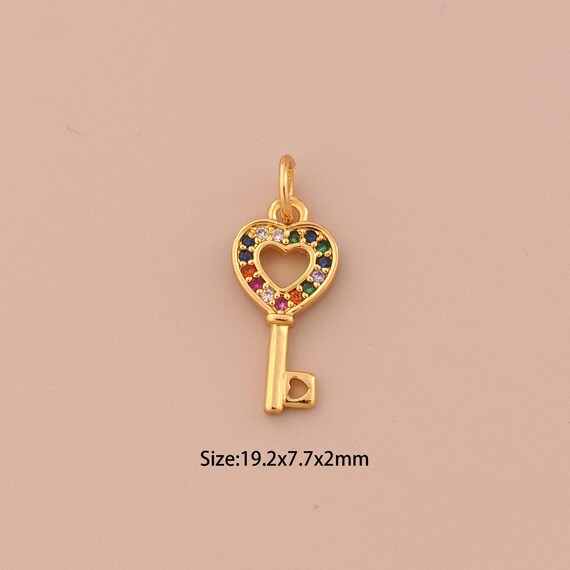 18K Gold Key Charms,CZ Pave Heart Charms Pendants,Key Charm for DIY Jewelry Making Supply