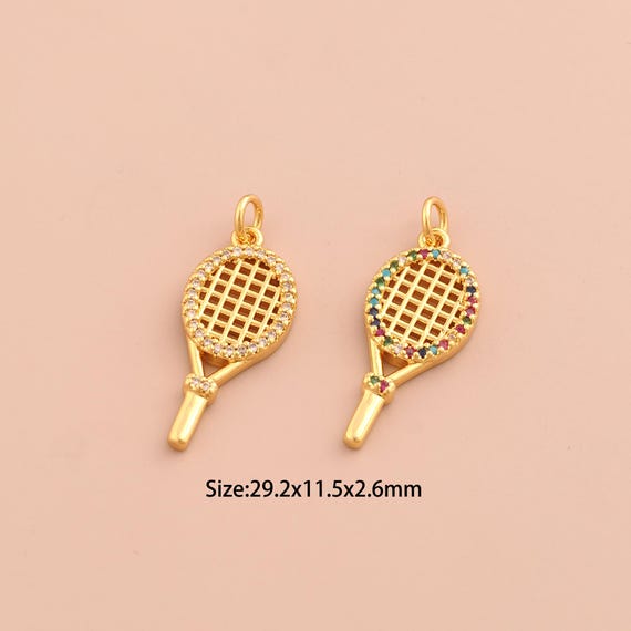 18K Gold Racket Charms,CZ Pave Sports Charms Pendants,Racket Charm for DIY Jewelry Making Supply