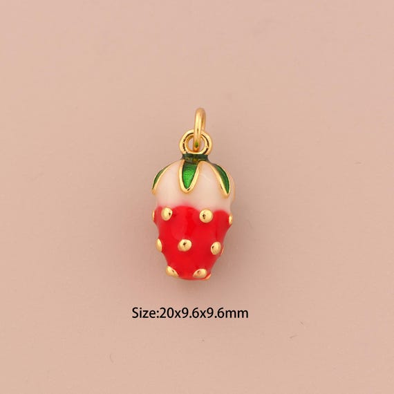 18K Gold Strawberry Charms,Enamel Fruit Charms Pendants,Strawberry Charm for DIY Jewelry Making Supply