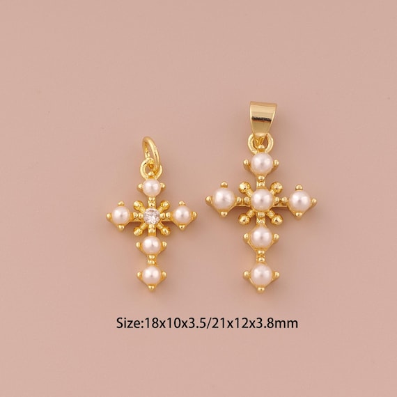 18K Gold Cross Charms,Pearl Minimalist Charms Pendants,Christian Charm for DIY Jewelry Making Supply