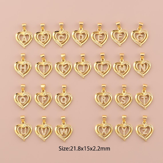 18K Gold 26 Letter Charms,CZ Pave Heart Charms Pendants,Initial Charm for DIY Jewelry Making Supply