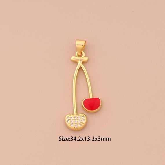 18K Gold Cherry Charms,CZ Pave Fruit Charms Pendants,Enamel Cherry Charm for DIY Jewelry Making Supply