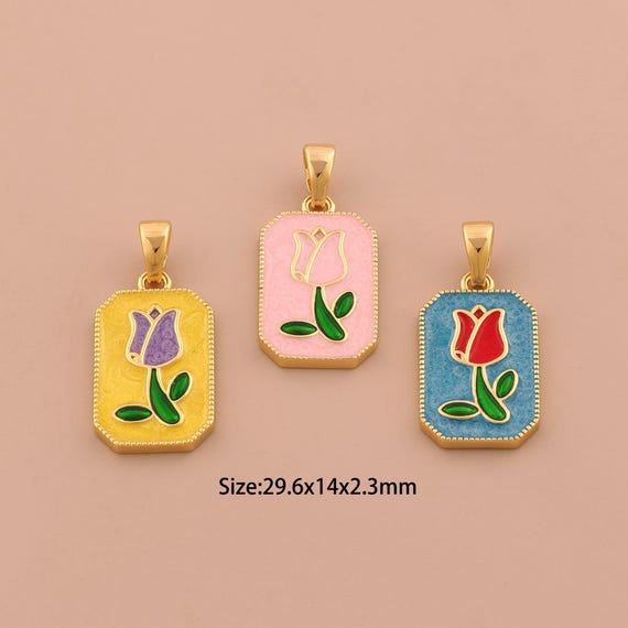 18K Gold Tulip Charms,Enamel Flower Charms Pendants,Square Charm for DIY Jewelry Making Supply