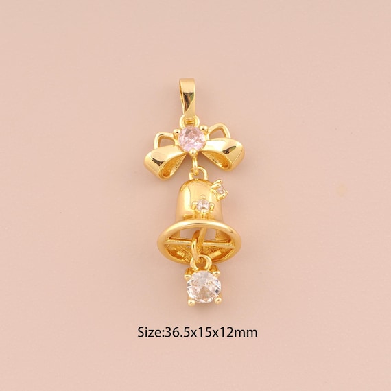 18K Gold Bell Charms,CZ Pave Bow Charms Pendants,Bell Charm for DIY Jewelry Making Supply