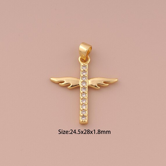 18K Gold Cross Charms,CZ Pave Minimalist Charms Pendants,Wing Charm for DIY Jewelry Making Supply