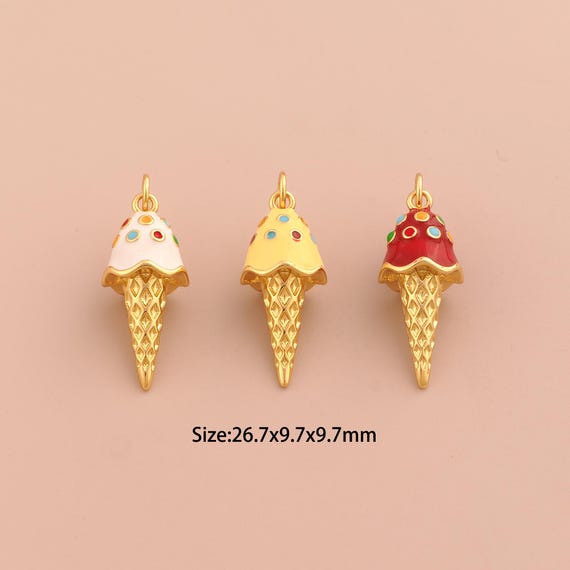 18K Gold Ice Cream Charms,Enamel Dessert Charms Pendants,Ice Cream Charm for DIY Jewelry Making Supply