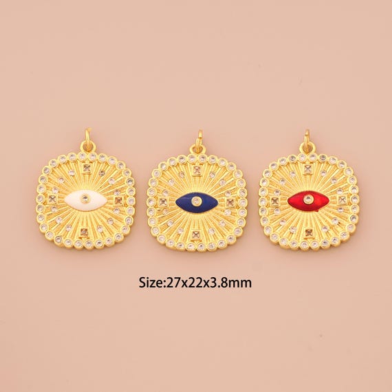 18K Gold Enamel Evil Eye Charms,CZ Pave Devil Eye Charms Pendants,Square Charm for DIY Jewelry Making Supply