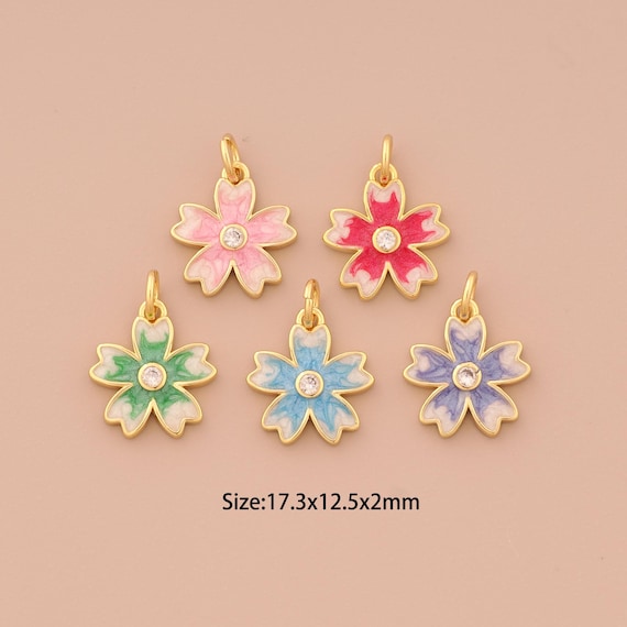 18K Gold Flower Charms,CZ Pave Flower Charms Pendants,Enamel Flower Charm for DIY Jewelry Making Supply