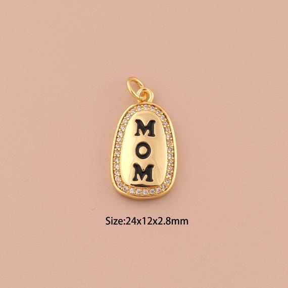 18K Gold MOM Charms,CZ Pave Minimalist Charms Pendants,Letter Charm for DIY Jewelry Making Supply