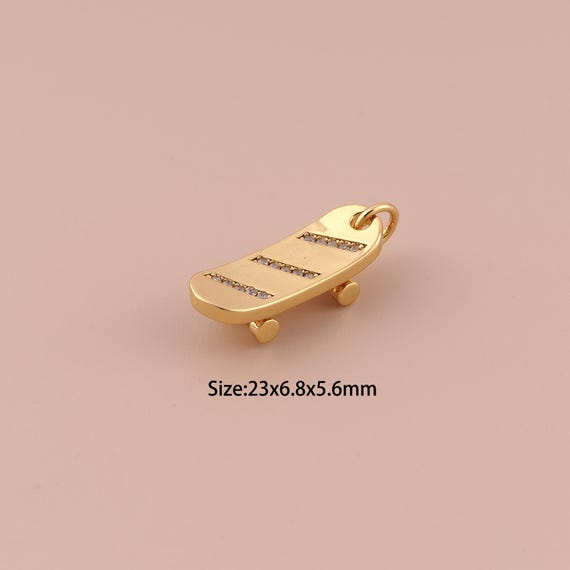 18K Gold Skateboard Charms,CZ Pave Minimalist Charms Pendants,Skateboard Charm for DIY Jewelry Making Supply