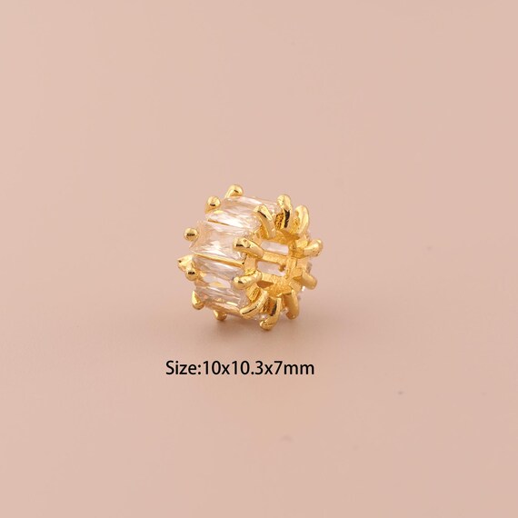 18K Gold Tube Spacer Bead,CZ Pave Large Hole Bead,Wide Bead for DIY Jewelry Making Supply