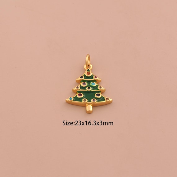 18K Gold Christmas Tree Charms,CZ Pave Christmas Charms Pendants,Enamel Tree Charm for DIY Jewelry Making Supply