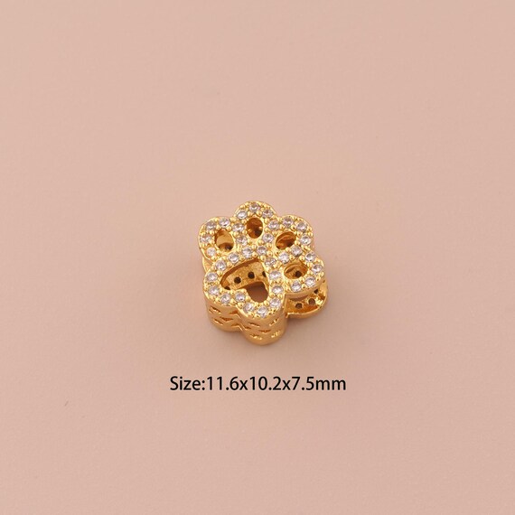 18K Gold Animal Footprint Spacer Bead,CZ Pave Large Hole Bead,Footprint Bead for DIY Jewelry Making Supply