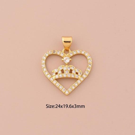 18K Gold Heart Charms,CZ Pave Crown Charms Pendants,Heart Charm for DIY Jewelry Making Supply