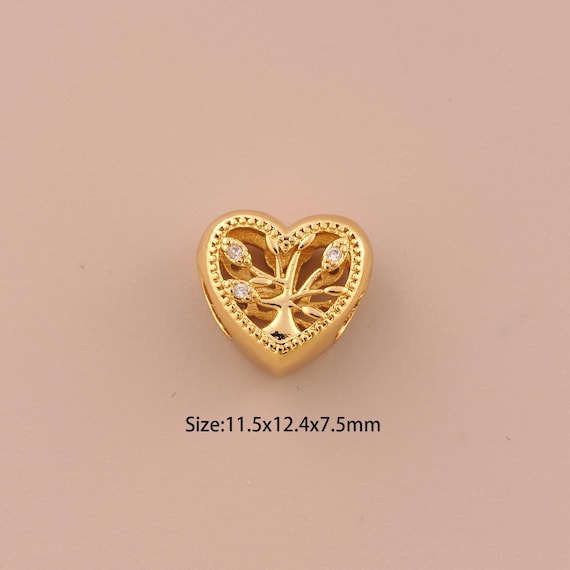 18K Gold Heart Spacer Bead,CZ Pave Tree of Life Bead,Heart Bead for DIY Jewelry Making Supply