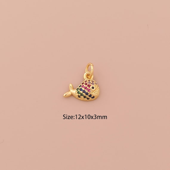 18K Gold Fish Charms,CZ Pave Minimalist Charms Pendants,Fish Charm for DIY Jewelry Making Supply