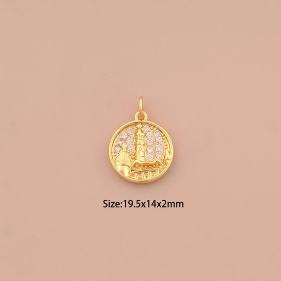 18K Gold Christian Church Charms,CZ Pave Cross Charms Pendants,Round Charm for DIY Jewelry Making Supply