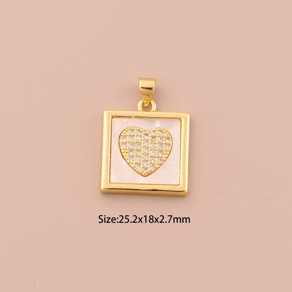 18K Gold Heart Charms,CZ Pave Square Charms Pendants,Fritillary Heart Charm for DIY Jewelry Making Supply