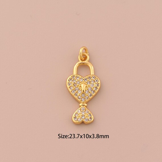 18K Gold Heart Charms,CZ Pave Lock Charms Pendants,Lock Charm for DIY Jewelry Making Supply