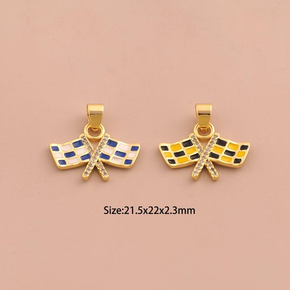 18K Gold Racing Flag Charms,CZ Pave F1 Flag Charms Pendants,Enamel Racing Flag Charm for DIY Jewelry Making Supply