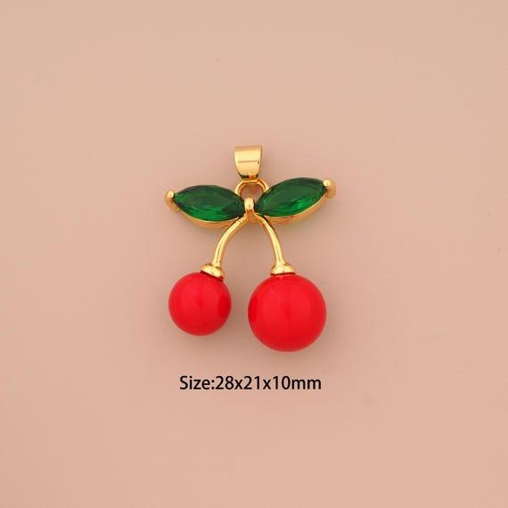 18K Gold Cherry Charms,Enamel Fruit Charms Pendants,Cherry Charm for DIY Jewelry Making Supply