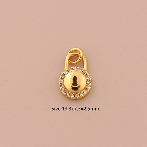 18K Gold Lock Charms,CZ Pave Round Charms Pendants,Lock Charm for DIY Jewelry Making Supply