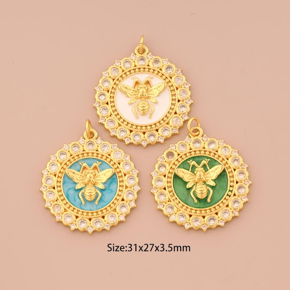 18K Gold Bee Charms,CZ Pave Bee Charms Pendants,Enamel Bee Charm for DIY Jewelry Making Supply