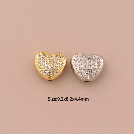 18K Gold Heart Spacer Bead,Micropavé CZ Minimalist Bead,Heart Bead for DIY Jewelry Making Supply
