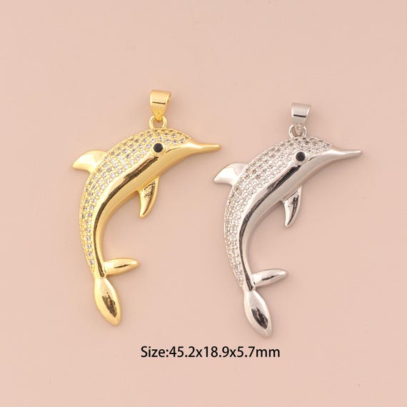 18K Gold Dolphin Charms,CZ Pave Marine Life Charms Pendants,Dolphin Charm for DIY Jewelry Making Supply