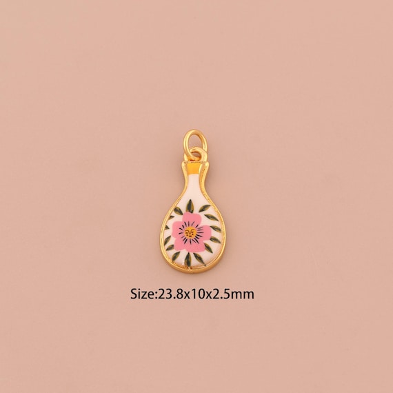 18K Gold Vase Charms,Enamel Flower Charms Pendants,Vase Charm for DIY Jewelry Making Supply