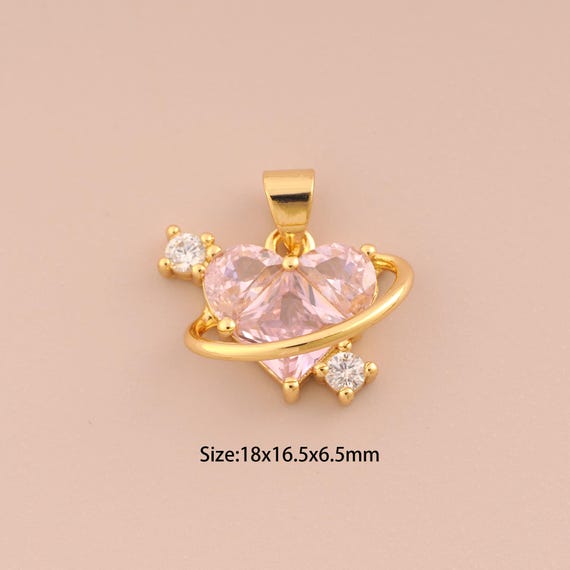 18K Gold Heart Charms,CZ Pave Saturn Charms Pendants,Heart Charm for DIY Jewelry Making Supply