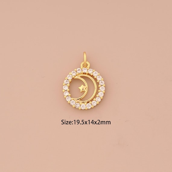 18K Gold Moon Star Charms,CZ Pave Celestial Charms Pendants,Round Charm for DIY Jewelry Making Supply
