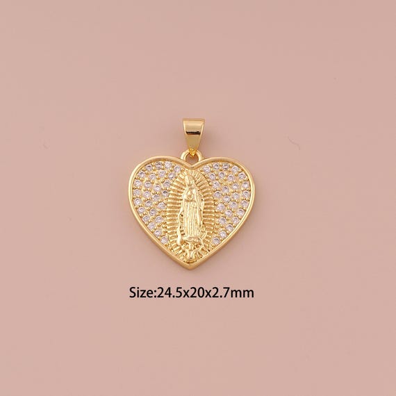 18K Gold Virgin Mary Charms,CZ Pave Minimalist Charms Pendants,Heart Charm for DIY Jewelry Making Supply