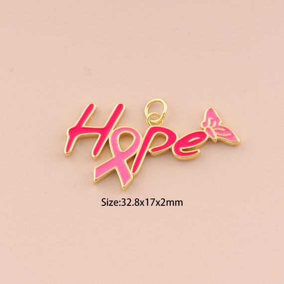 18K Gold Ribbon Pendant,Enamel Cancer Awareness Charm Letter Hope Charm DIY Jewelry Making Supply